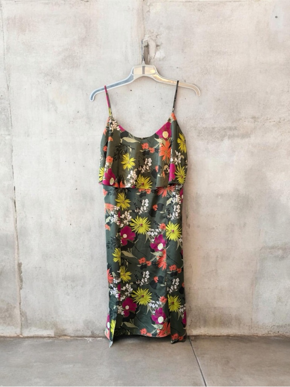 Banana Republic Olive Green Floral Slip Midi Dress with Pink & Yellow Flowers